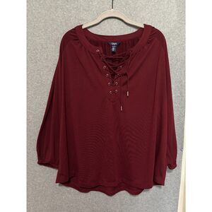 Chaps Burgundy Lace Up Blouse XL Boho Romantic Peasant Top Flowy Western Soft